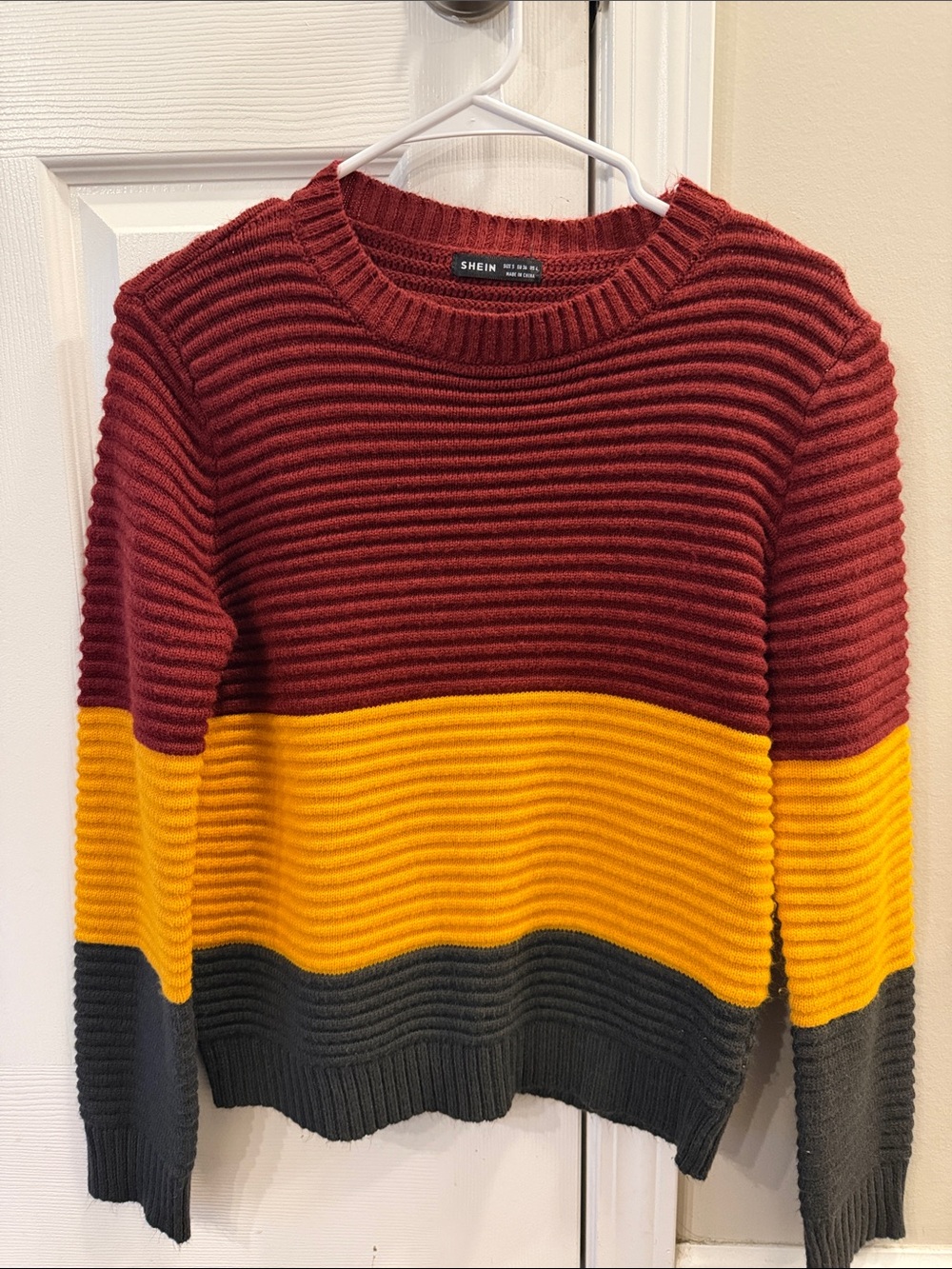 SHEIN Colorblock Ribbed Crewneck Sweater - Burgundy, Mustard & Charcoal